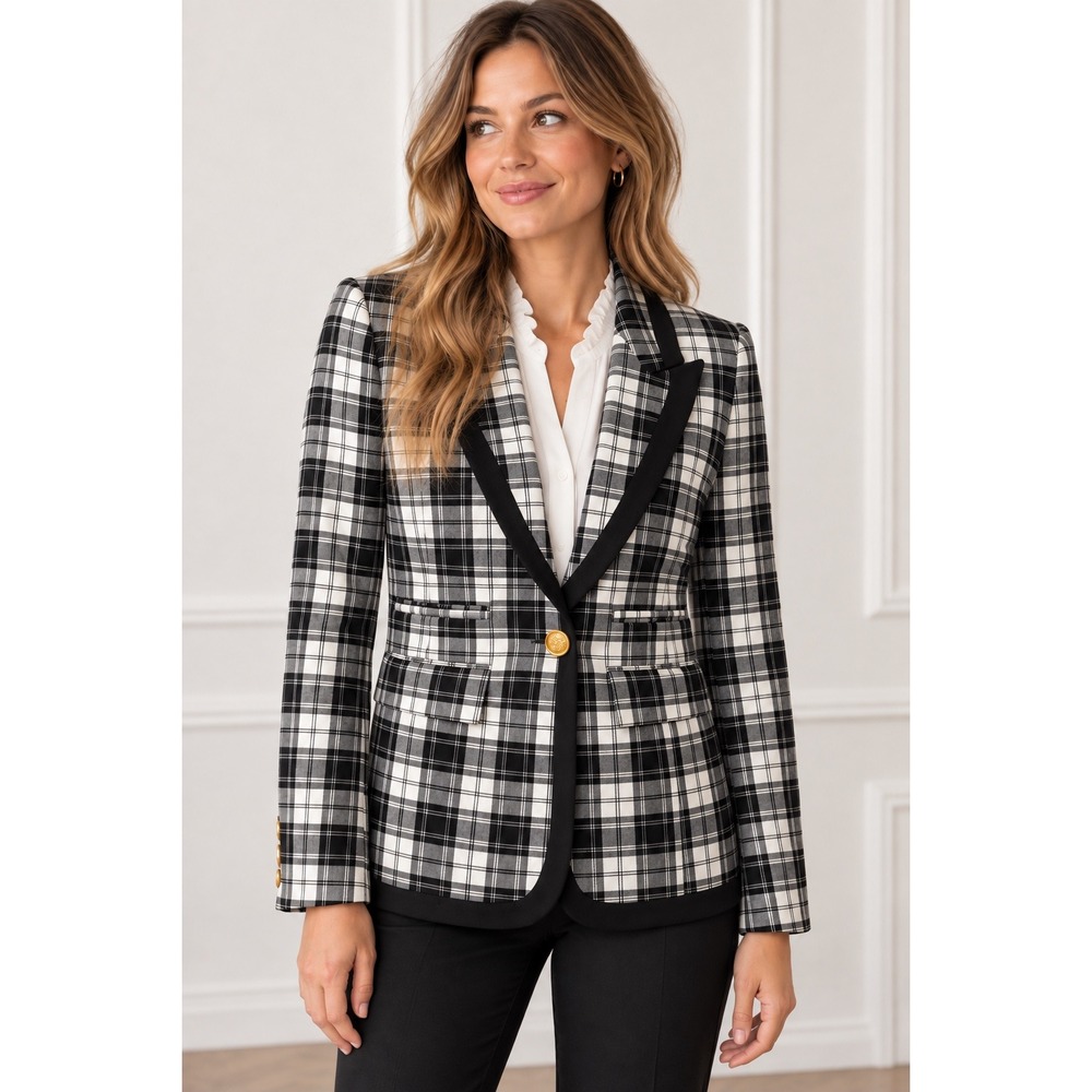 Smythe Women Black White Plaid Duchess Blazer Gold Button Equestrian Jacket‎ 4